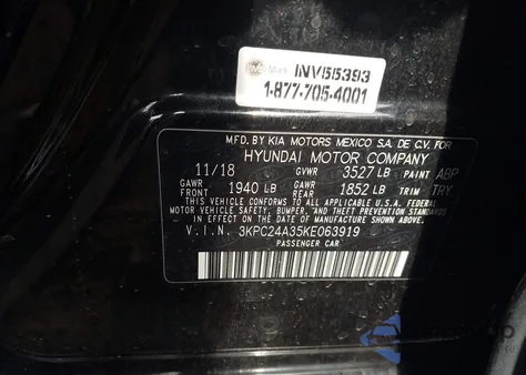 2019 Hyundai Accent Se z USA, uszkodzony, nr VIN 3KPC24A35KE063919